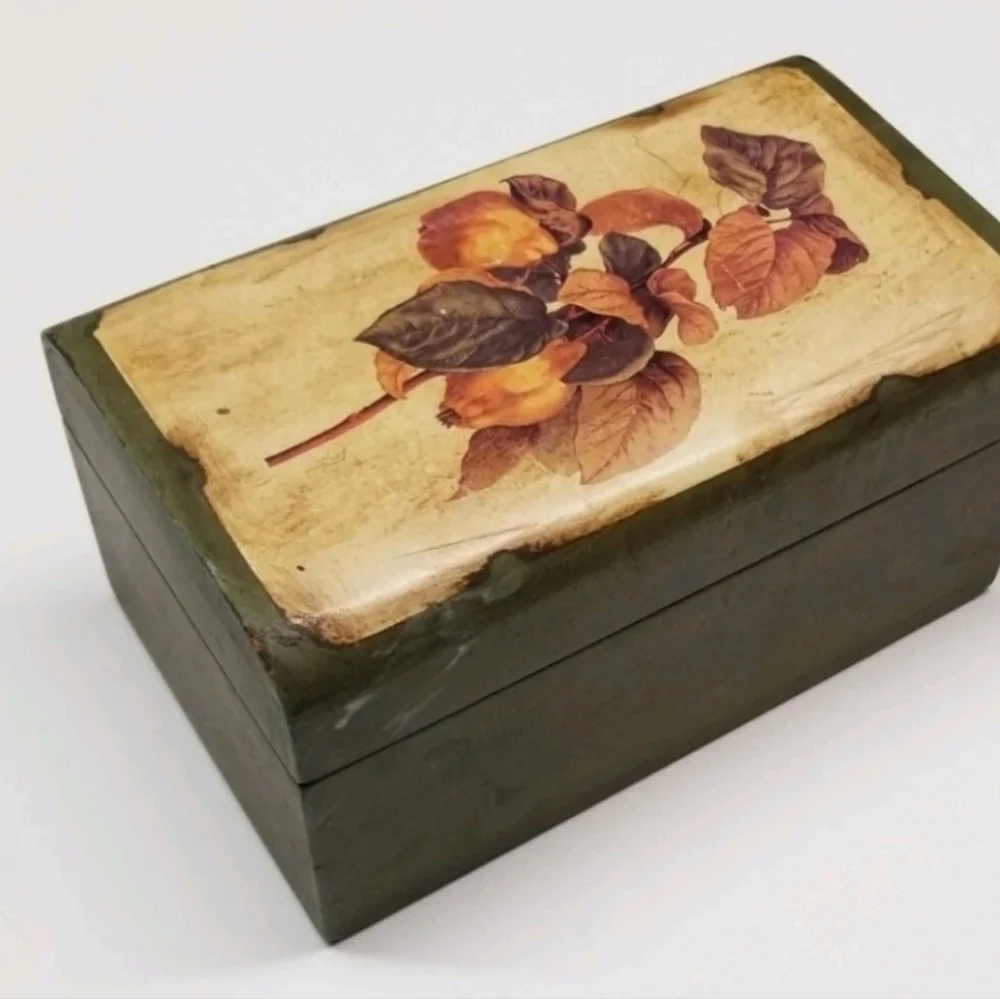 Wooden Lidded Trinket Jewelry Keepsake Box Green Stain, Decoupage Floral Top